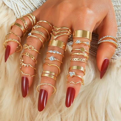 Golden Knuckle Rings Set for Women, 14k Golden Plated Open Stacking Knuckle Midi Rings Dainty Cubic Zirconia Crystal Simple Hollow Cute Rings Pack Jewelry Gifte - color: Golden 30PCS