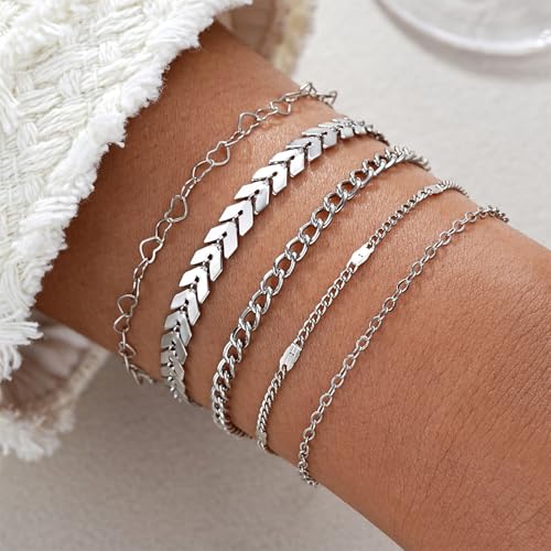 Fesciory 14K Gold Plated Ankle Bracelets Sets For Women, Adjustable Layered Infinite Anklet, Summer Beach Butterfly Star Foot Chain Jewelry Gifts - style: Heart Set(Silver)
