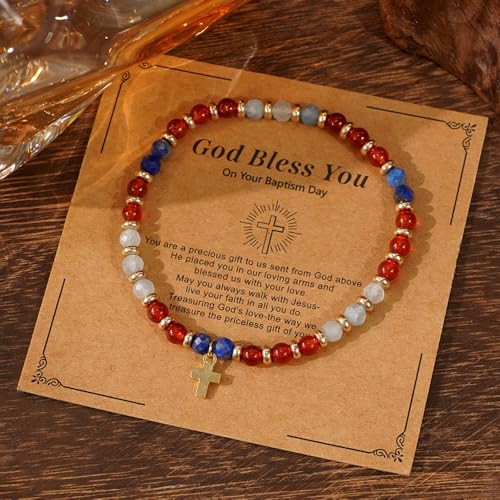Christian Colorful Natural Gemstones Stone Seed Beaded Bracelets for women Men, Handmade Gold Cross Healing Crystal Jewelry, Lucky Amulet Faith Daily Party Friendship Holiday Gift - color: Red Garnet