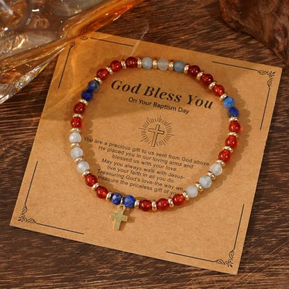 Christian Colorful Natural Gemstones Stone Seed Beaded Bracelets for women Men, Handmade Gold Cross Healing Crystal Jewelry, Lucky Amulet Faith Daily Party Friendship Holiday Gift - color: Red Garnet