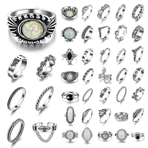 42 Pcs Vintage Gothic Ring Set for Men and Women Adjustable Punk Stackable Knuckle Rings with Skull Snake Heart Star Flower Design for Midi Fingers