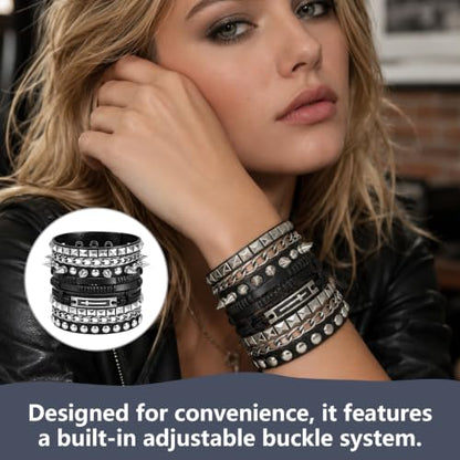 4 Pcs Edgy Punk Bracelets Set, Leather Vintage Punk Rock Spiked Studded Bangle Cuff Bracelets Alternative Wrist Bands for Women Men Biker Rockers Fashion Accessories