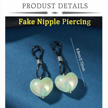 QWALIT 5pairs Glow in Dark Fake Nipple Piercing Fake Nipple Rings Adjustable Heart Elastic Nooses Silicone Cute Pearl Silver non-Piercing Faux Body Jewelry for Women Comfortable Valentine's Day