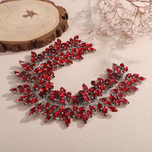 Missgrace Women Silver Green Black Red Blue Handmade Full Crystal Rhinestone Large Headband Hair Vine Shinny Headpiece Bridal Wedding Hair Accessories for Women (Silver red) - color: Silver red