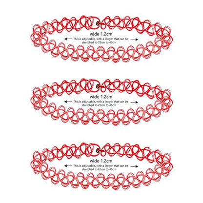 3PCS Black Tattoo Choker Necklace Rainbow Tattoo Chokers Gothic 90s Choker Necklace Purple Tattoo Choker and Pink Chokers 2000s Y2K Multicolour Collar Adjustable Stretchy Elastic Necklace Jewelry Gift for Women - color: 3PCS Red