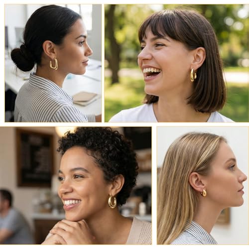 10 Pairs Chunky Gold Earrings for Women, Gold Hoop Earrings for Women | Chunky, Lightweight Thick Hoops Earring, Trendy Jewelry Gift