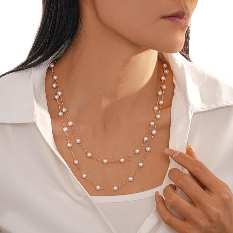 Pearls Necklaces for Women-18K Gold Plated Layered Gold Pearl Necklaces Dainty White Pearls Choker Necklace Chain Pearl Necklace for Women Elegant Valentines Gifts - color: Double-layer