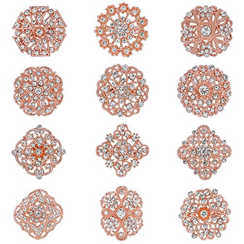 Lot 12pcs Assorted Crystal Rhinestone Flower Brooch Pin Set for Women DIY Bridal Wedding Bouquet Kit - color: Rose Gold