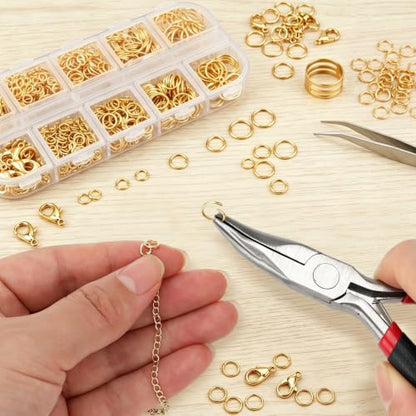 1200 Pcs Open Jump Rings, Jump Rings for Jewelry Making, Necklace Keychain Repair Kit with Making Tools Tweezer, Plier, Lobster Claw Clasps, Open Rings for DIY Crafts Keychains (Gold) - color: Gold