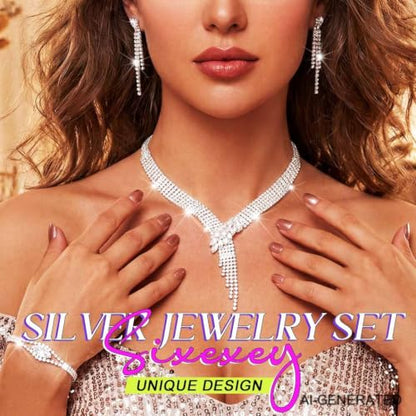 Sixexey Rhinestone Bridal Jewelry Set Prom Necklace Earrings Sparkly Wedding Jewelry Accessories for Women - color: Silver