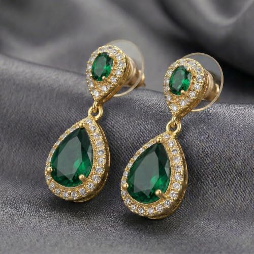 Mariell Cubic Zirconia Crystal Teardrop Dangle Bridal and Wedding Earrings, CZ Jewelry for Brides, Bridesmaids, Homecoming, Prom and Dressy Everyday Wear - color: Gold-Green Cubic Zirconia