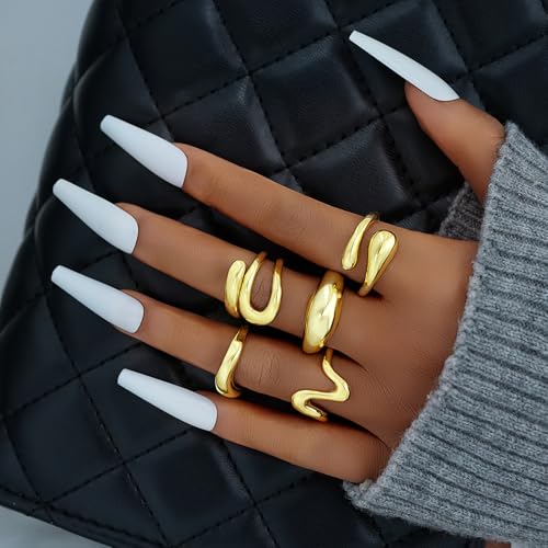 17 MILE Chunky Gold Stackable Rings for Women Non Tarnish, 18K Gold-Plated Statement Open Stacking Rings, Knuckle Band Ring Set - color: Gold 5 Pcs