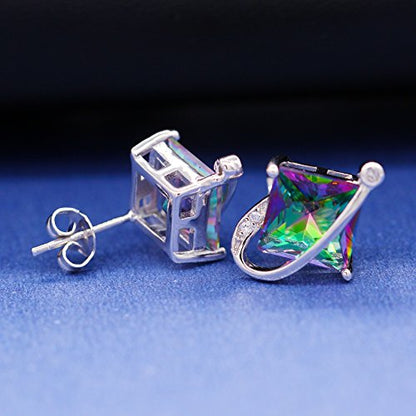 Uloveido Charm Created Topaz Big Square Crystal Necklace Matching Stud Earrings Rings Jewelry Set T295 - color: Rainbow