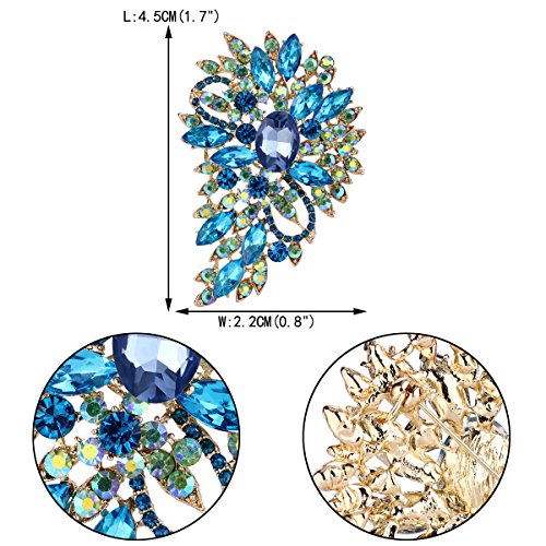 EVER FAITH Women's Austrian Crystal Wedding Flower Leaf Bouquet Brooch - color: Light Blue w/ Green AB