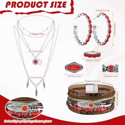 Ecally Bohemian Western Jewelry Turquoise Set Women Country Pendant Long Choker Layered Bracelets Earrings Ring for Women - color: Red, style: Passional