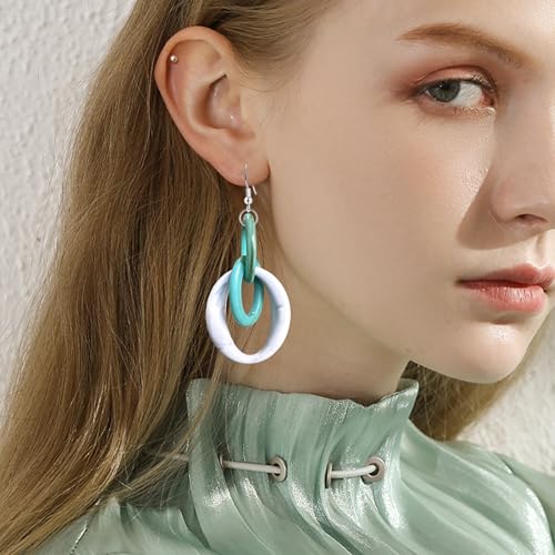 Bohemian Simplicity Acrylic Geometry Oval Circle Dangle Drop Earrings Lightweight Resin Chain Hook Earrings For Women - color: Blue White
