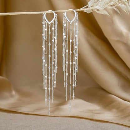 Robaice Long Gold Dangle Earrings for Women, 14K Plated Tassel Earring | Gold Chain Dangling Earrings, Trendy Drop Prom Earring, Lightweight Statement Party Jewelry, Gift for Women - style: B-dangle tassel chains, silver