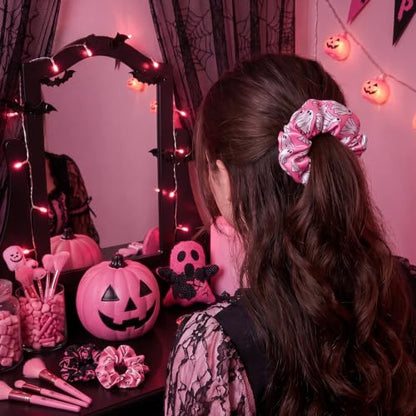 80 Pcs Pink Halloween Satin Hair Scrunchies for Women Spooky Cute Ghost Pumpkin Hair Ties Cute Elastic Bands Ropes Ponytail Holder Bulk Halloween Party Favors Goodie Bag Fillers - style: Halloween