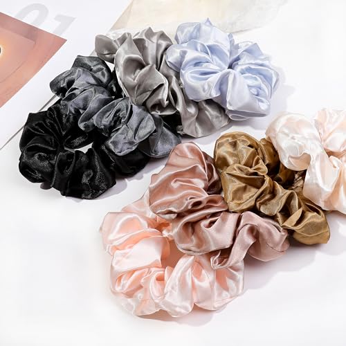 16 Scrunchies for Women - Satin Hair Ties and Bands, Big Ponytail Holders for Thick, Curly Hair, Cute No-Crease Pony Tails, No Damage