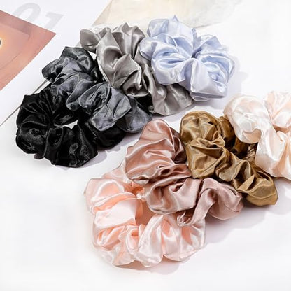 16 Scrunchies for Women - Satin Hair Ties and Bands, Big Ponytail Holders for Thick, Curly Hair, Cute No-Crease Pony Tails, No Damage