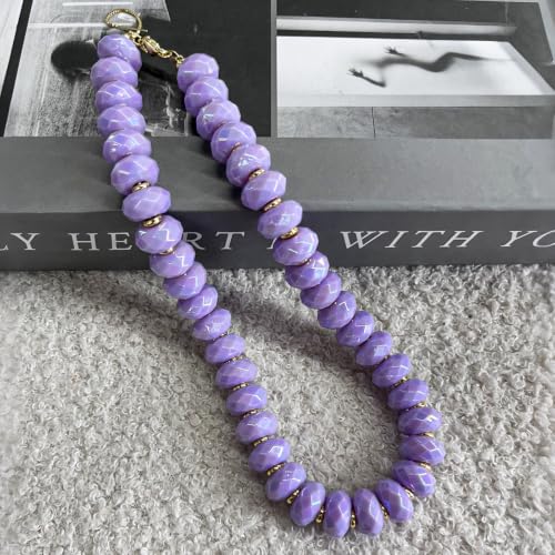 Colorful Chunky Acrylic Beaded Choker Necklaces for Women | Multicolor Faceted Beads, Sturdy Metal Chain, Adjustable Detachable, Lightweight, Summer Boho, Sparkly Statement Jewelry Gift - color: Light Purple