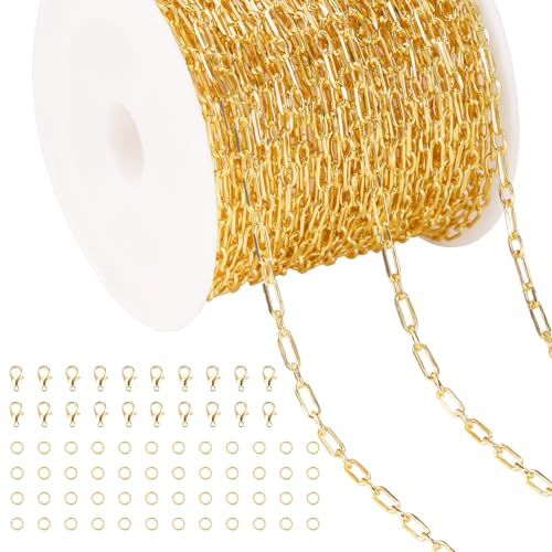 Jabogrii 32.8 Feet Gold Plated Brass Paperclip Oval Link Jewelry Chain Roll | Handmade Permanent Necklace Bracelet DIY Craft Chain Bulk for Jewelry Making - color: Paperclip Gold