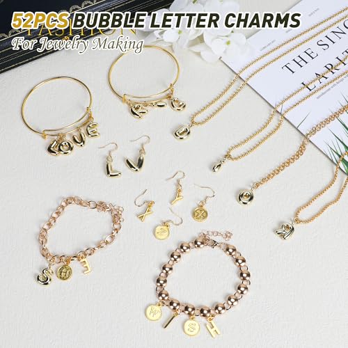 Starry 52pcs Gold Bubbled A-Z Alphabet Letters Charms for Jewelry Making Gold Chunky Bubble Initial Letter Charm Pendant Beads Trendy Bubble Glitter Pendants for Women Bracelet Necklace Choker Making
