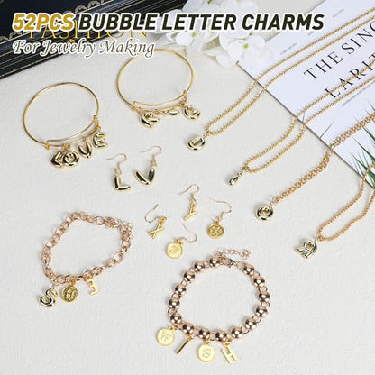 Starry 52pcs Gold Bubbled A-Z Alphabet Letters Charms for Jewelry Making Gold Chunky Bubble Initial Letter Charm Pendant Beads Trendy Bubble Glitter Pendants for Women Bracelet Necklace Choker Making