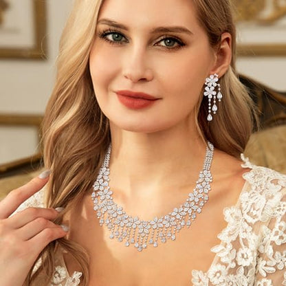 EVER FAITH Bridal Jewelry for Bride Bridesmaid, Elegant Cubic Zirconia Birthstone Cluster Flower Teardrop Wedding Party Necklace Dangle Earrings Sets for Women - color: White