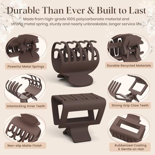 8 Pcs Medium Hair Clips for Women Girls - 2 Styles Rectangle and Double Row Teeth Small Claw Clips for Thin Fine Thick Hair, Matte Non-slip Strong Hold Jaw Clips Hair Accessories, Brown - color: Brown