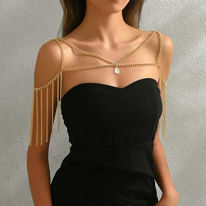 Gold Body Chain Shoulder Chain Punk Layered Arm Chain Tasssel Shoulder Necklace Festival Party Bridal Wedding Body Jewelry