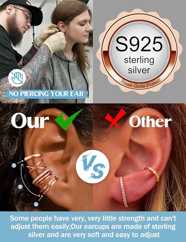 JeryWe 4 Pcs 925 Sterling Silver Ear Cuff for Women Non Piercing Adjustable Ear Cuff Earrings Clip On Cartilage Helix Wrap Ear Jewelry Set - color: Rose gold