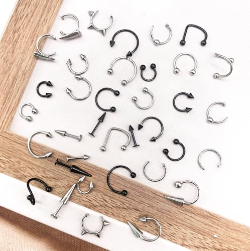 36Pcs 16G Stainless Steel Lip Rings for Women Men Snake Bite Piercing Labret Jewelry Monroe Barbell Spike Nose Stud