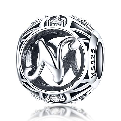 Letter Charms 925 Sterling Silver Initial A-Z Bead Charms | For Bracelets Necklaces, Hypoallergenic,Cubic Zirconia Alphabet Beads, Personalized Gifts for Women - color: N
