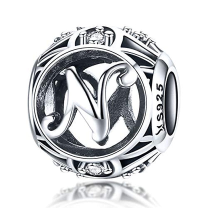 Letter Charms 925 Sterling Silver Initial A-Z Bead Charms | For Bracelets Necklaces, Hypoallergenic,Cubic Zirconia Alphabet Beads, Personalized Gifts for Women - color: N