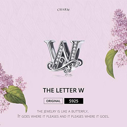 BISAER 925 Sterling Silver Initial Letter A-Z Charms for Bracelets Alphabet Beads Charm Jewelry Gifts - color: Letter W