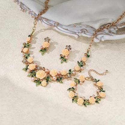 EVER FAITH Costume Jewelry Crystal Simulated Pearl Rose Flower Leaf Prom Party Statement Necklace Earrings Bracelet Set for Women - color: Topaz Color Gold-Tone
