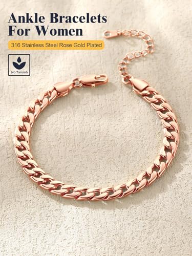 U7 Ankle Bracelets for Women Stainless Steel Waterproof Tarnish Resistant | 18K Gold Plated/Silver/Rose Gold Anklets, Cuban Chain Anklet Bracelets, Perfect for Summer Beach and Vacation Outfits - color: Rose Gold Plated-7mm-Cuban Chain