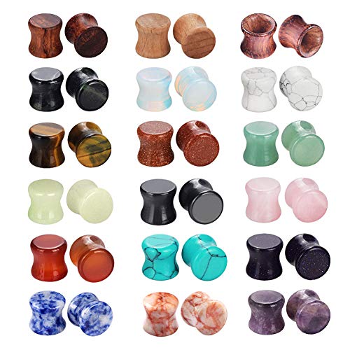 Longbeauty Wood Mixed Stone Plugs 18 Pairs/36 Pcs Double Flared Saddle Gauges Tunnels Expander Piercing Set - style: Gauge=14mm(9/16")