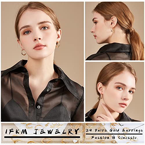 IFKM 24 Pairs Gold Hoop Earrings Set for Women Hypoallergenic Chunky Chain Twisted Open Hoops Dangle Earring Packs for Birthday Party Christmas Fashion Jewelry Gift - color: 24 Pairs Gold