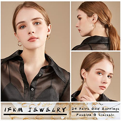 IFKM 24 Pairs Gold Hoop Earrings Set for Women Hypoallergenic Chunky Chain Twisted Open Hoops Dangle Earring Packs for Birthday Party Christmas Fashion Jewelry Gift - color: 24 Pairs Gold