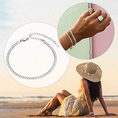 ChainsHouse Stainless Steel Herringbone Flat Chain Bracelets for Women,18K Gold/Rose Gold/Black Metal Paperclip/Snake/Cuban/Figaro Sterling Silver Link Charm Bracelet, 16+5cm Adjustable, With Gift Box - color: b. cuban-sterling silver