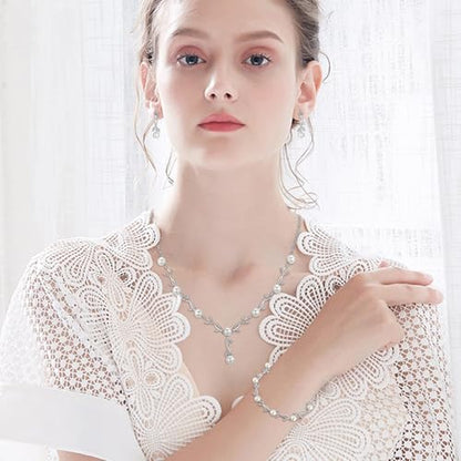 Jewelry Set for Women, Necklace Dangle Earrings Bracelet Set with White AAA Cubic Zirconia, Allergy Free Wedding Party Jewelry for Bridal Bridesmaid - color: Necklace+Braclelet+Earrings-pearl style