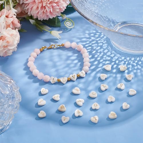 PH PandaHall 26pc White Heart Beads Alphabet A-Z Charms Natural Freshwater Shell Letter Initial Charm Glass Spacer for Boho DIY Necklace Bracelet Earring Jewelry Making