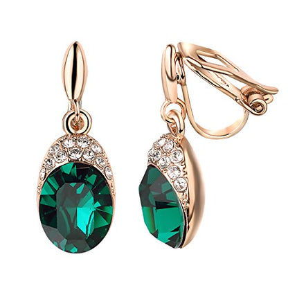 Yoursfs Wedding Clip on Earrings For Women 18K Gold Plated Halo Big Austrian Crystal Dangle Earring Birdal Jewelry - color: Green