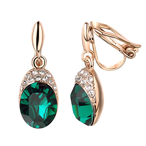 Yoursfs Wedding Clip on Earrings For Women 18K Gold Plated Halo Big Austrian Crystal Dangle Earring Birdal Jewelry - color: Green
