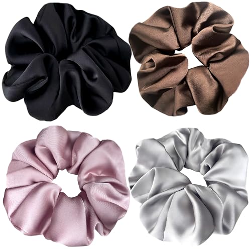Big Satin Scrunchies for Women, 5.2 Inches Large Scrunchie, Silk Elastic Ponytail Holders for Girls, Jumbo Hair Ties for Thick/Curly Hair, Soft Scrunchy No Crease No Pilling, 4 Pack - color: Black+Coffee