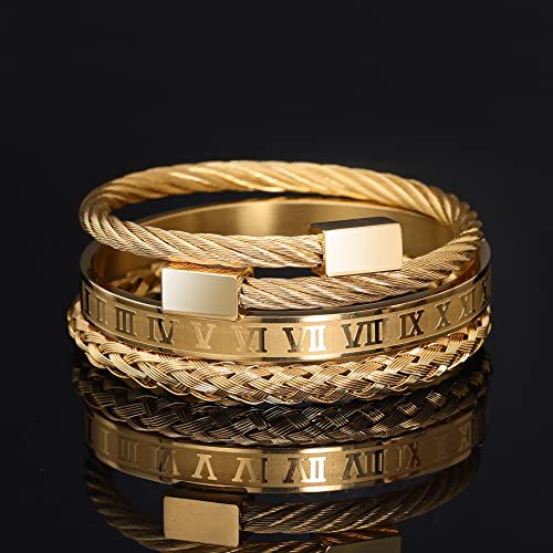 WFYOU 3PCS Stainless Steel Imperial Crown Bracelets for Men Gold Roman Numeral Bangle Bracelet Adjustable Cuff Bracelet Mens Luxury Jewelry Gifts - style: 09:Gold- Square
