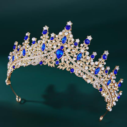 Crystal Crown Jewelry Set for Women Bride Queen Tiara Earrings and Necklace | Metal Royal Crown Costume Jewelry Set Wedding Prom Quinceanera Party Pageant Halloween Retirement Christmas Birthday Gift - color: Blue
