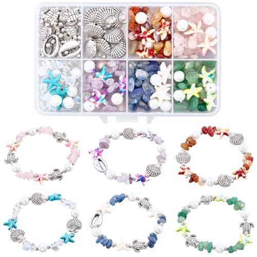 SUNNYCLUE 1 Box 6 Sets Bracelet Making Kits Starfish Beads Colorful Shell Sea Turtle Bead Summer Hawaii Ocean Chip Stone Irregular Gemstones for Jewelry Making Kits Adults Gift Adults Supplies - style: Ocean 3